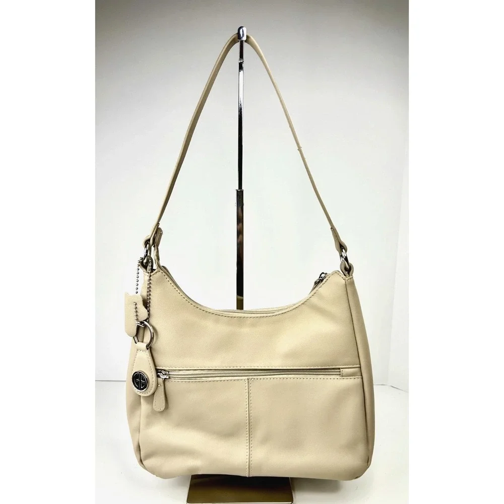 Giani Bernini Nappa Leather Hobo Beige Shoulder Zip Top Handbag Bag Silver Purse